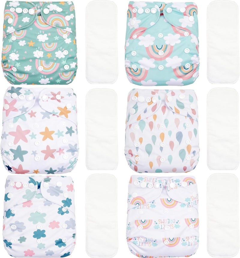 CoolaPeach 12 Set Reusable Adjustable Cloth Diapers for Newborn to 0-3 Years,One Size Washable Pocket Nappy Covers for Baby Girl and Boy,6 Pack Cloth Diapers+6pcs Microfiber Inserts(Green 2) - Image 1